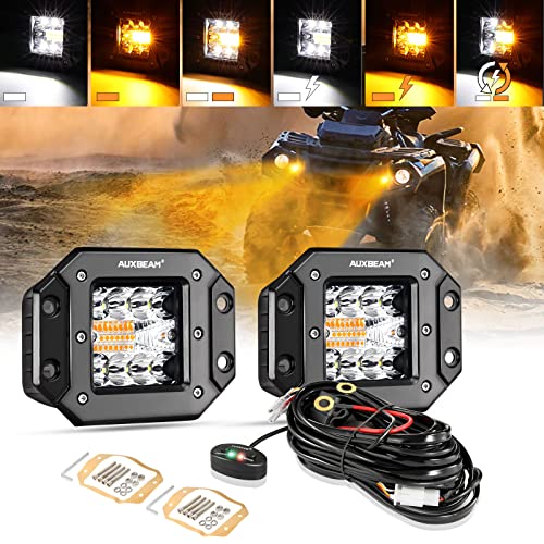 Auxbeam 5Inch Flush Mount Led Strobe Pod, Amber White Fog Light Pod, 6 Lighting Modes Off-Road Light Warning Light Emergency Strobe Light, 10Ft Wiring Harness Kit Memory Function, 2 Year Warranty #TOP26