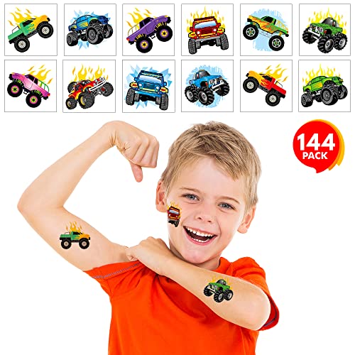 Artcreativity 2 Inch Monster Truck Temporary Tattoos For Kids - Pack Of 144 - Non Toxic Tats Stickers For Boys And Girls - Cool Birthday Party Favors, Goody Bag Fillers, Fun Prizes For Children #TOP4