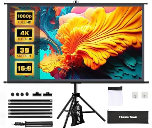 FH Flash Hawk 2-in-1 120inch 16:9 Portable Projection Screen Projector Screen with Tripod Stand with Carry Bag for Indoor Outdoor Home Theater Backyard Cinema Travel