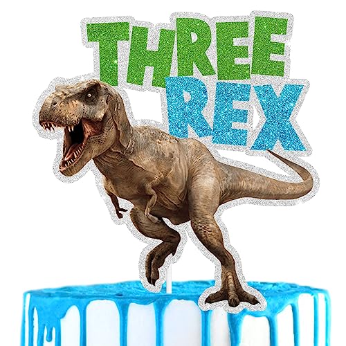 Dinosaur Roaring Cake Topper Theme Happy 3rd Birthday T-Rex Decorations, Boys and Girls Themed Birthday Party, Jungle Theme Party or Baby Shower Wild Animal Decorations. SugarGera
