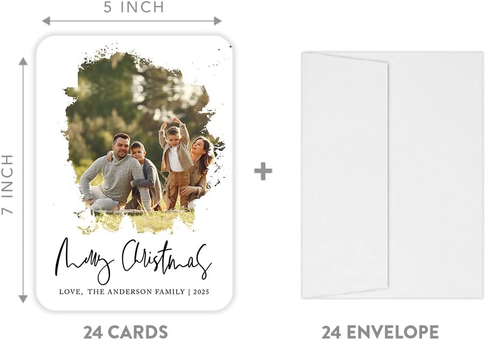 Andaz Press Personalized Photo Christmas Cards with Envelopes, 5x7-Inch Holiday Cards with Custom Photo, Name, Year, Minimal Merry Christmas Photo Frame Greeting Cards for Family and Friends, 24-Pack