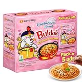 Ramen con fideos salteados con pollo picante Samyang Buldak, Hot Chicken Ramen Carbonara, Hot chicken ramen instantáneo muy rico y picante, Sabor a carbonara, Pack 5 paquetes de 130g cada uno