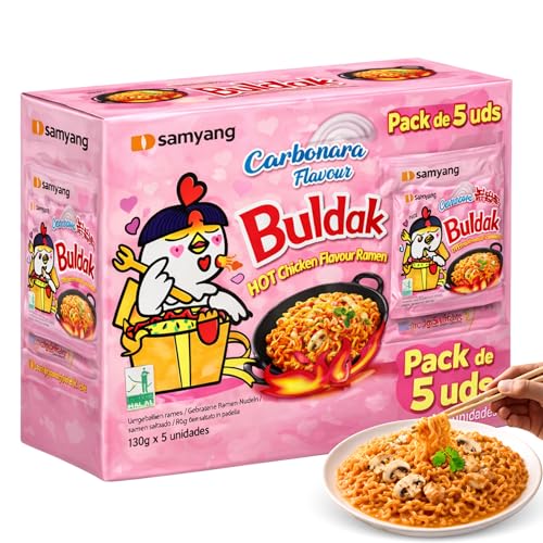 Ramen con fideos salteados con pollo picante Samyang Buldak, Hot Chicken Ramen Carbonara, Hot chicken ramen instantáneo muy rico y picante, Sabor a carbonara, Pack 5 paquetes de 130g cada uno