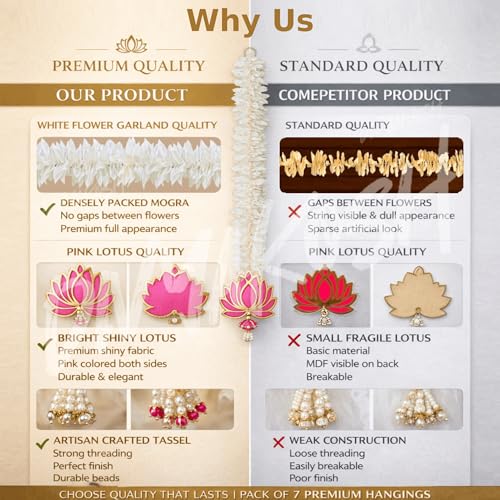 Image of Divyakosh Lotus Hanging with White Artificial Flowers 7 Pcs | Floral Wall Hangings for Home Decoration,Temple,Diwali,Ganpati & All Festival Decoration | 20 Inches Each |
