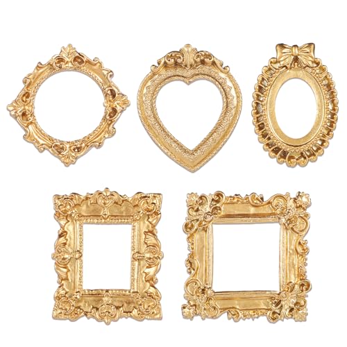 Heclia Marco de fotos de resina vintage, 5 unidades, mini marcos de fotos dorados, pequeños adornos antiguos, exhibición de joyas, ovalados, rectangulares, góticos, soporte de fotografía para
