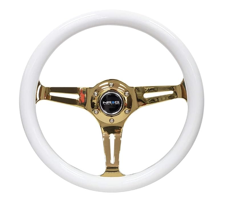 Volante esportivo NRG Innovations NRG-ST-015CG-WT em madeira branca, 350 mm, 3 raios cromados dourados e empunhadura branca