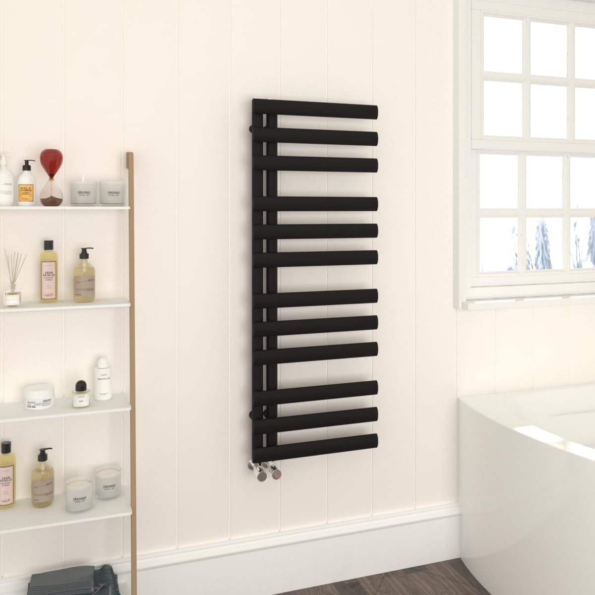 Warmehaus Black Designer Oval Panel Heated Towel Rail 1200X450mm Bathroom Ladder Style Radiator Warmer Central Heating