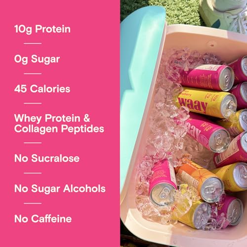 Image of WAAY Sparkling Protein Drink, Lemon Raspberry, 12 fl oz Can, 10g Protein, 0g Sugar, 45 Calories (12 Pack)