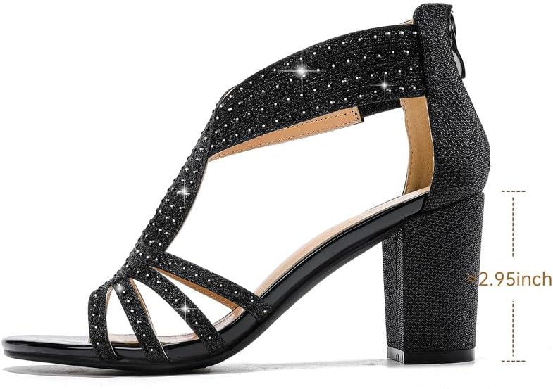 Women's Rhinestone Sparkly Chunky Block Heel Sandals Open Toe Dressy Shoes with Zipper Closure for Wedding Prom Homecoming Hoco Formal Events - Image 5