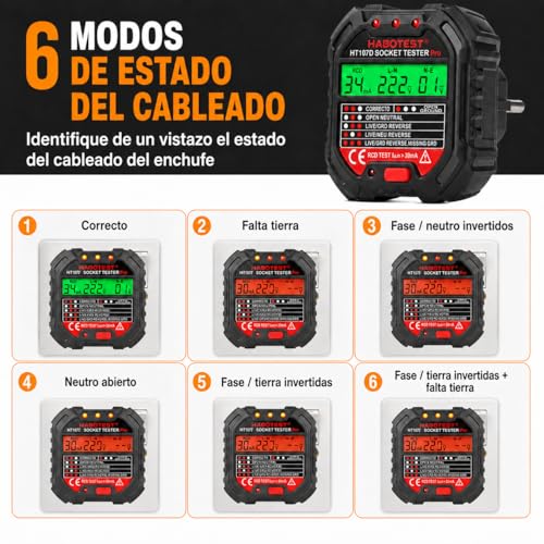 Miniatura 7 de Vobor Comprobador De Enchufe Eléctrico De Rcd Enchufe Con Pantalla Lcd, 6 Tipos De Diagnóstico De Averías Examinar Circuito Probar Estado Del Diferencial, 90-250v 45-65hz, Cat Ii 300v