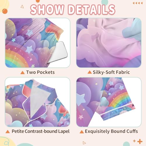 senya Kawaii Rainbow Star Satin Summer Pajama Sets Silk Short Sleeve Button Down Sleepwear3