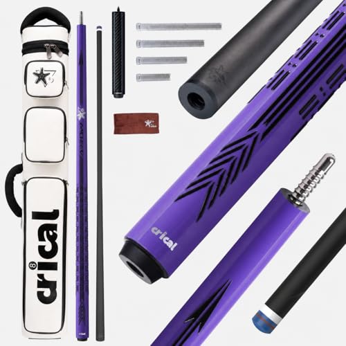 CRICAL Carbon Fiber Pool Cue Set 58" with Low Deflection Pro Taper Shaft, 12.5mm Tip, 3D Wrapless Grip, 2x4 Hard Cue Case, Extension, Weight Bolt Kit & Towel, Purple