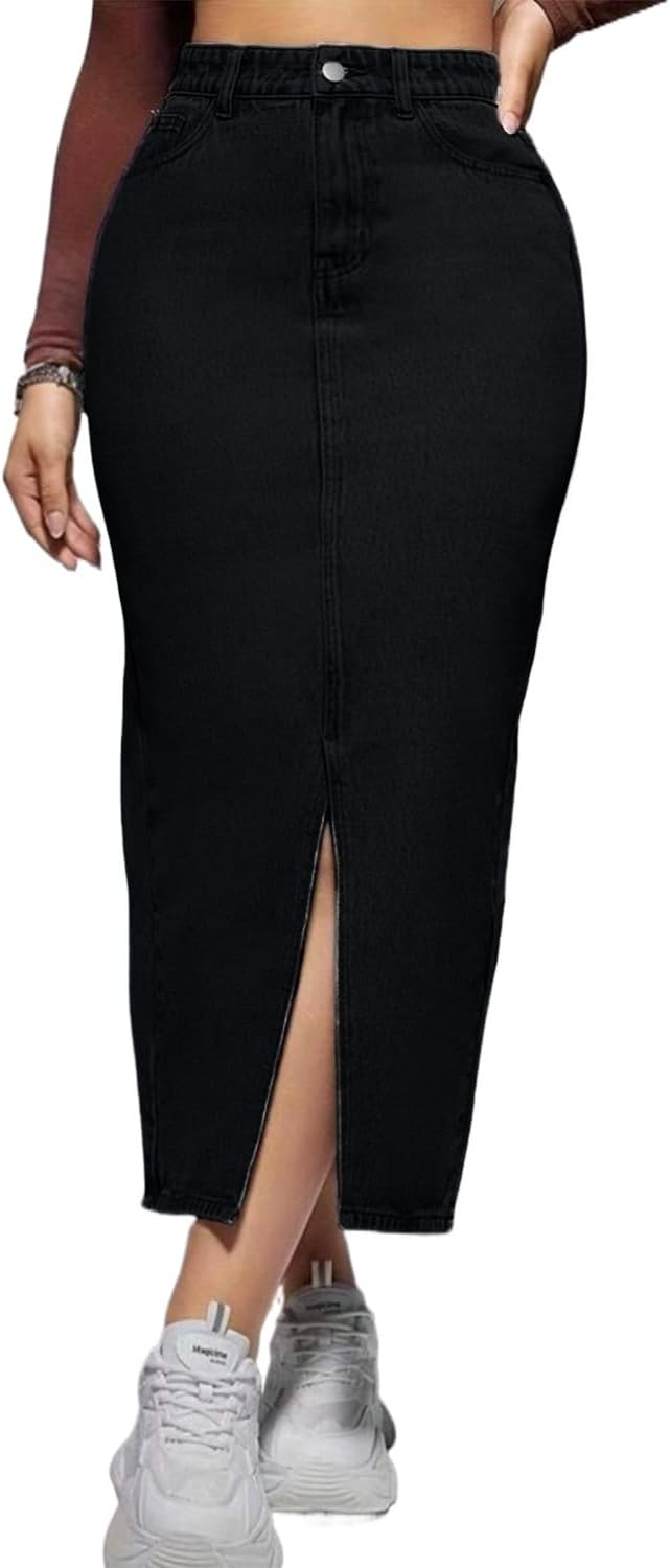 Women's Casual Slit Denim Midi Jean Skirt Stretch High Waisted Button Up Frayed with Pockets