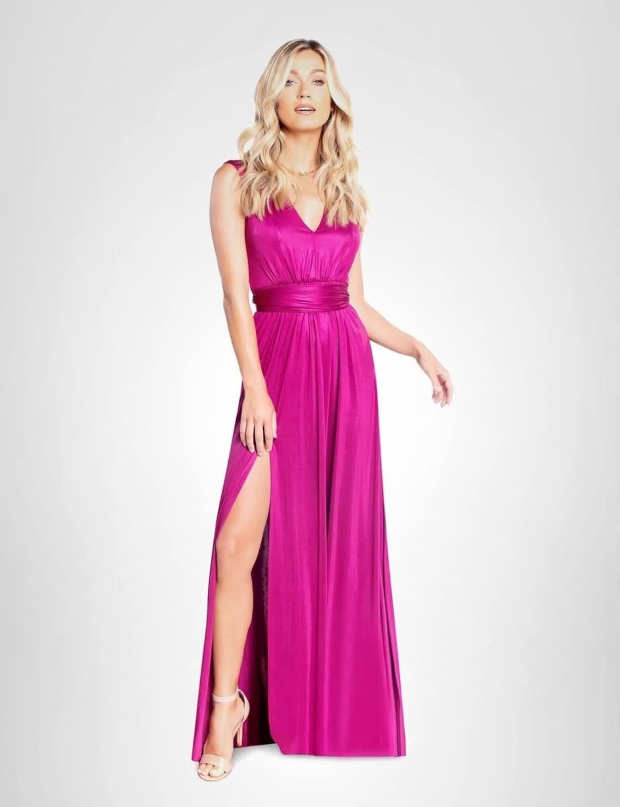 DRESS THE POPULATION Women's Krista V Neck Tie Waist Coated Jersey Slit Front Maxi Dress: Medium Dark Magenta