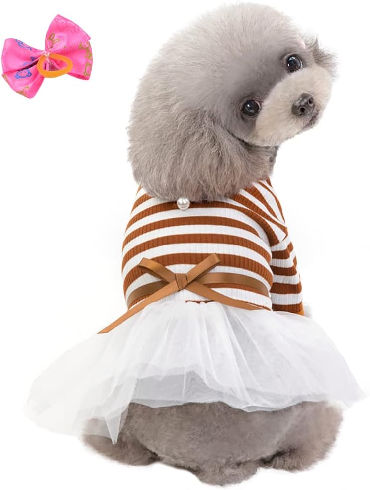 犬服 スカート ドレス 可愛い ボーダー柄 ペット服 ワンピース 春夏秋 お姫様 犬猫用 洋服 ファッション 人気 小中型犬 ストライプボウチュールスカート 小型犬 中型犬 ワンちゃん 猫服 仮装 髪ゴム付き