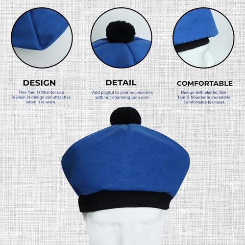 Image of Scottish Tam O' Shanter Hat Tartan Bonnet Pom Pom Wool Flat Cap One Size