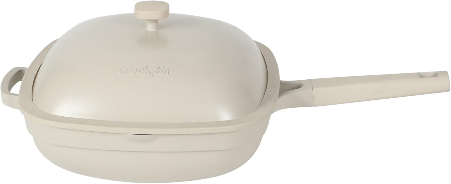 Crock Pot Northvale 5.3 Quart Ceramic Nonstick Sauté Pan with Steamer Basket & Lid, Cast Aluminum Pan with Induction Base and Soft-Touch Handle, Linen White