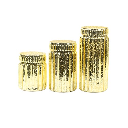 Koyal Wholesale Gold Ribbed Mercury Glass Vases, Bulk Set Of 3, Mercury Vases For Flower Centerpieces, Centerpiece Jars #TOP2