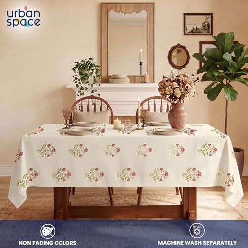 Image of Urban Space 100% Cotton Dining Table Cover for 6 Seater, Gold Foil Printed Cotton Table Cloth for Center Table, Dining Room Table Cover (Size 48 inch x 92 inch - 6 Seater, Zari Mohar Dusty Pink Gold)
