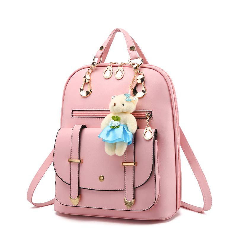 veloce Women's PU Leather Backpack with Teddy Bear Keychain, 33x13x30 cm, Lightweight for School, College & Travel (Light Pink)-picture-18