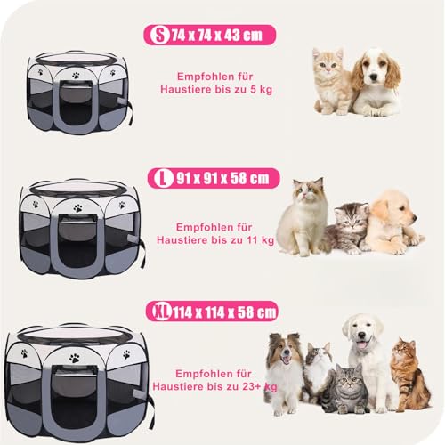 Exquilnova Tragbarer Welpenauslauf, Hundelaufstall Faltbar Laufstall Katzengehege für Wohnung, Welpenlaufstall für Drinnen Wasserdichtes Oxford-Tuch für Hunde Katzen Kaninchen, 74 x 74 x 43 cm (Grau)