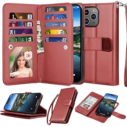 Njjex Wallet Case for iPhone 15 Pro Max 6.7\" 2023, for iPhone 15 Pro Max Case, [9 Card Slots] PU Leather ID Credit Holder Folio Flip [Detachable] Kickstand Magnetic Phone Cover & Lanyard [Wine Red]
