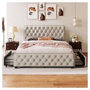 COCOSILIYA Upholstered Platform Bed Frame with Four Drawers,Button Tufted Headboard and Footboard Sturdy Metal Support (Couleur : Bianco, Size : Full)
