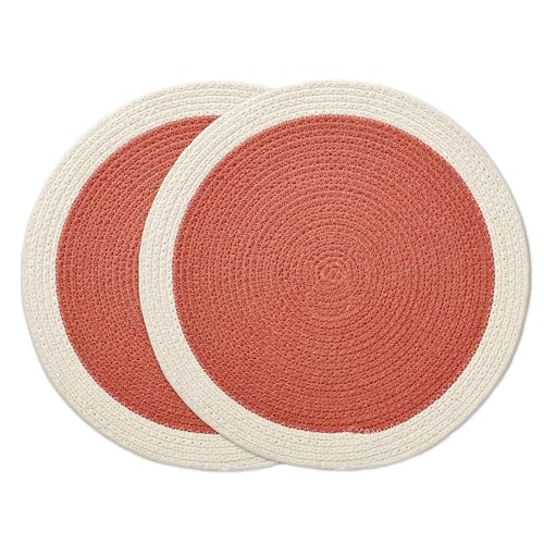 Image of Dining Table Mats Set of 2 | Cotton Table Mat 32 cm Diameter, Encasa XO Washable Round Table Mats, Heat Resistance Dining Table Placemats, Handmade Ribbed Style for Centre Table, Coral & Off White