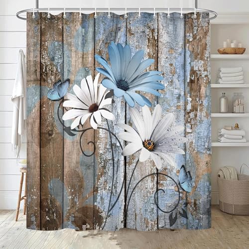 JAWO Farmhouse Flower Floral Shower Curtain, Rustic Blue Daisy Shower Curtain Set, Country Blue Wild Garden Plant Fabric Shower Curtain with Hooks, Brown Wooden Board Bathroom Curtain, 69x84inch by JAWO - Used condition - Image 5