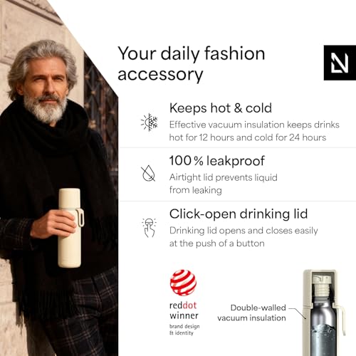 Image of LARS NYSOM Stainless Steel Thermo Water Bottle - Double Wall Insulated Water Bottle with Cup & Carry Strap, Leakproof Metal Bottle for Travel, Office & Outdoor (Almond Beige, 17oz)