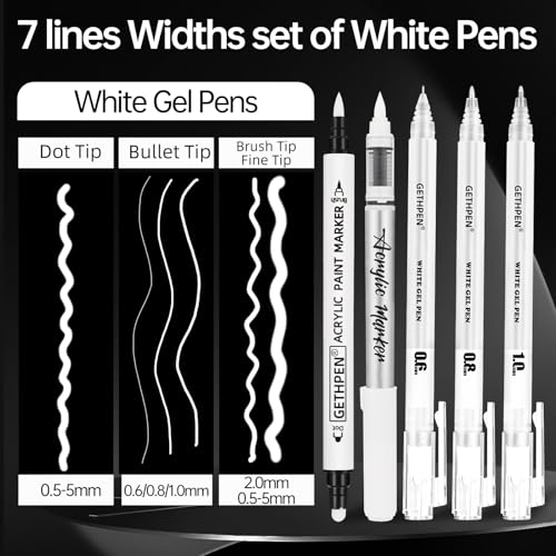 Image of GETHPEN White Pens Set, White Gel Pens, Dual-Tip Acrylic Paint Pen, 7 Pack | 06 /08 /10mm Opaque Gel Ink Pen Brush Tip Acrylic Markers for Drawing, Sketching, Illustration, Card Making, Bullet Journaling