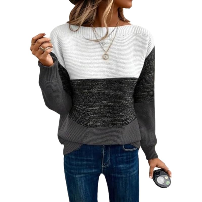 Women's Contrast Color Knitted Pullover Sweater with Round Neck for Autumn and Winter