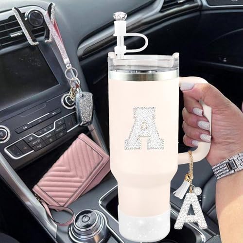 Hpebl 6PCS White for Stanley Cup Accessories Set 30/40 OZ Silver Bling Rhinestone Initials Charms for Stanley Decorations Tumbler Accessories Including Diamond Straw Topper, Spill Stopper（Letter G） - image 6