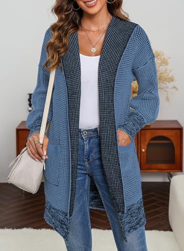 Image of Sidefeel Women's Fall Winter Hooded Cardigan Oversized Open Front Chunky Knit Plaid Sweaters Outwear Sky Blue Small
