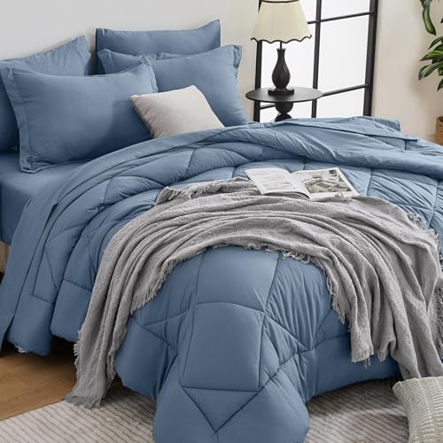 HEVUMYI Dusty Blue Twin Comforter Set - 5-Piece All Season Bed in a Bag Twin, Ultra Soft Bedding Set with Comforter, Flat Sheet, Fitted Sheet, Pillowcases, Pillow Shams