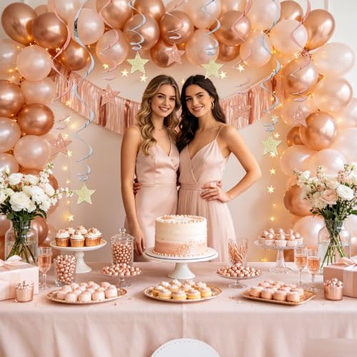 Image of BEISHIDA Rose Gold and Silver Glitter Stars Hanging Swirls Pre-Strung Hanging Ornament Decorations for Engagement Bridal Showe Wedding Anniversary Birthday Party Decorations,Pack of 15