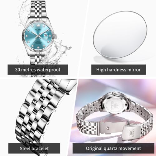 Image of OLEVS Watch Women Silver Watch for Women Luxury Diamond Womens Watches for Small Wrist Stainless Steel Waterproof Analog Quartz Date Elegant Reloj para Mujer