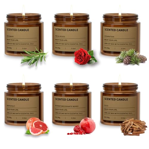 6 Pack Scented Candles Gifts for Women 3.5 Oz Amber Candles Set 150 Hours Long Burning Soy Wax Candles Jar Aromatherapy Candles for Stress Relief Birthdays Weddings Christmas Gifts Yoga Bath