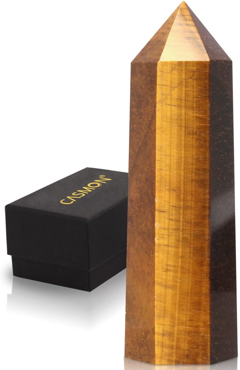 CASMON Tiger's Eye Crystal Wand 3.2"-3.5" Healing Crystal Tower, Natural Large 6 Faceted Point Wands with Gift Box for Reiki, Chakra, Meditation, Collection, Home Décor