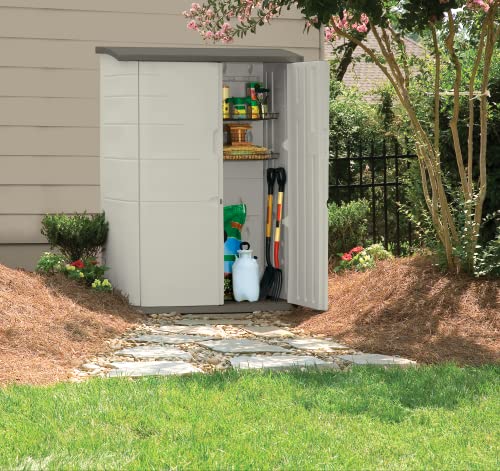 Rubbermaid Large Vertical Resin Weather Resistant Outdoor Storage Shed, 4.5 X 2.5 Ft.,Sandstone/Olive Steel, For Garden/Backyard/Home/Pool #TOP2