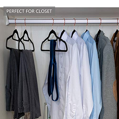 Image of MIZGI Premium Velvet Hangers (Pack of 50) - Heavy Duty Non Slip - Clothes Hangers Black - Copper /Rose Gold Hooks, Space Saving Suit Hangers with Accessory Bar