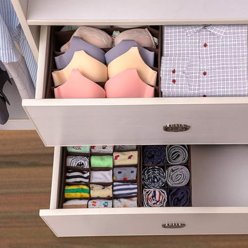 Image of HOKIPO Fabric Undergarment Clothing Organizer Storage Box for Drawers Bra Panty Socks Tie Lingerie Organizer for Wardrobe, 3 Pcs-8+8+18 Grids (NEW-333 + 334 + 335), Brown