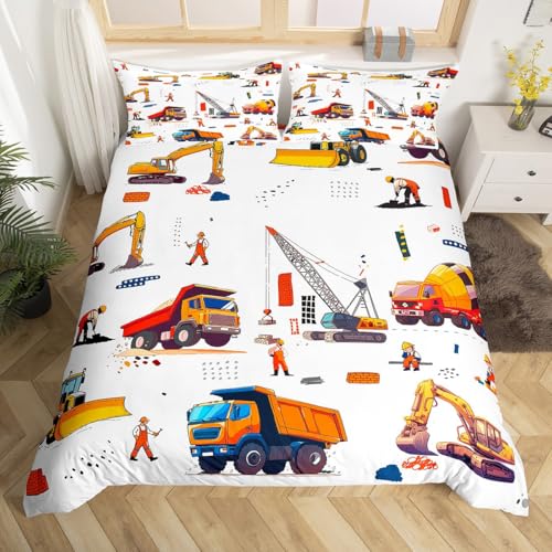 Manfei Construction Kids Duvet Cover Set Toddler Size, Excavator Crane Truck Bedding Set for Boys Girls Room Decor, Cartoon Car Comforter Cover, Soft Polyester Quilt Cover, 1 Pillowcase, No Comforter