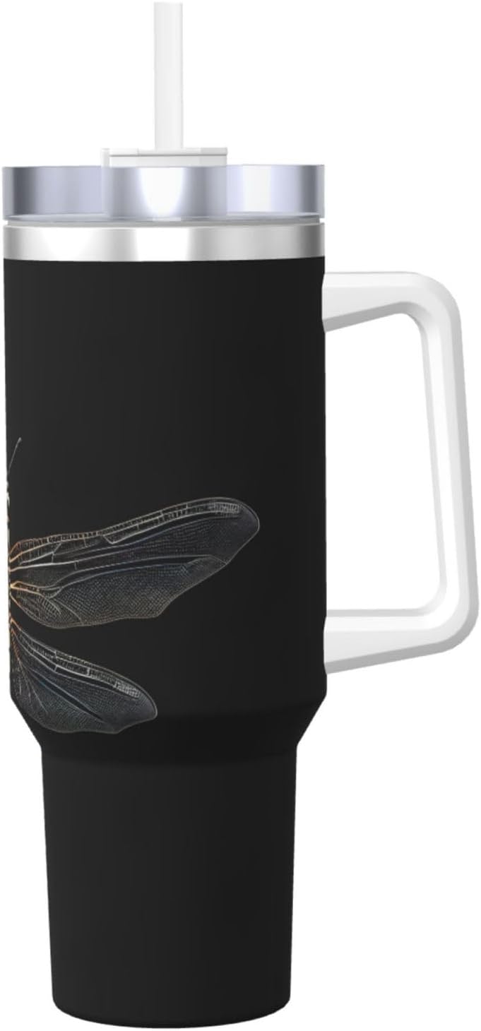 40 OZ Dragonfly Black Print Ice Bully Cup with Handle Straw Lid Straw,Stainless Steel Tumbler Coffee Cup