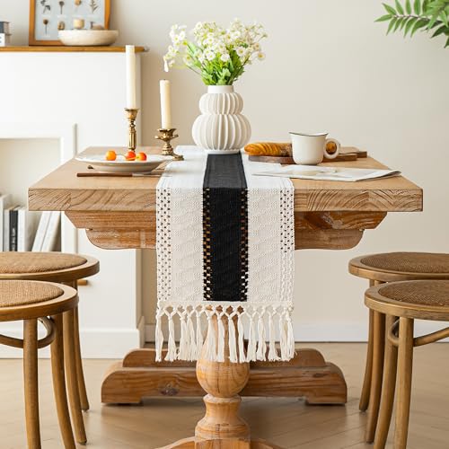 Image of FEXIA Boho Table Runner for Summer Home Decor with Tassels 90 Inches Long Farmhouse Rustic Black Gothic Table Runner Macrame Gothic Burlap Table Decoration for Kitchen Living Room (12x90 Inches)