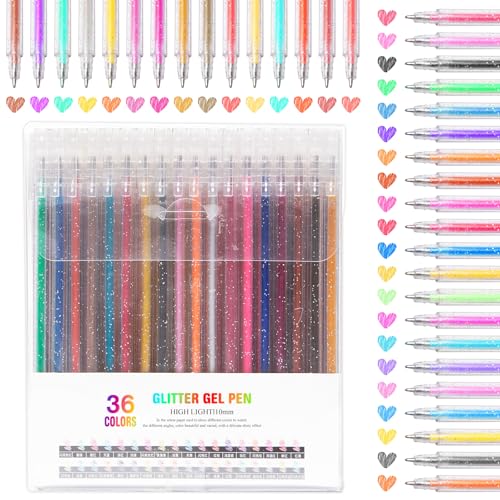 Pilikoll 36 Pieces Glitter Gel Pens Coloured Glitter Pens 1 mm Glitter Gel Pens 36 Colours Metallic Gel Pens with Ink for Writing, Colouring, Manga, Drawing