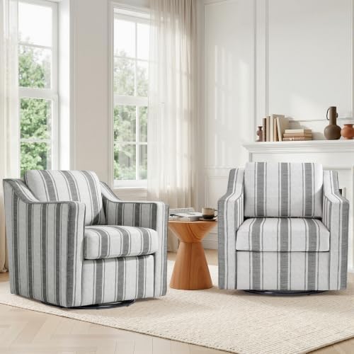 Swivel Accent Chairs Set of 2, Upholstered Barrel Armchair, Strip...