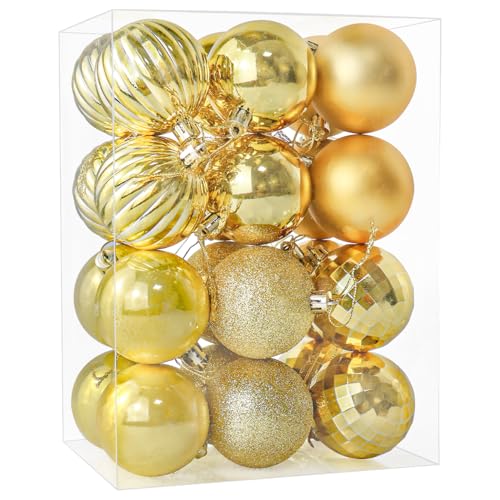 24 Pieces 60mm Christmas Tree Baubles Large Ball Baubles Ornaments Shatterproof Plastic Glitter Christmas Bulbs Hanging Decorations for Xmas Tree Holiday Wedding Party Gold