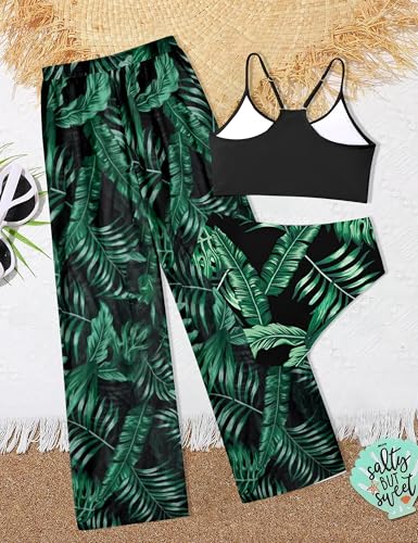 Image of NECIOUS Girls Swimsuit, 3 Piece Bikini Bathing Suit Tropical Floral Swimwear with Cover Up Pants 7-16Y