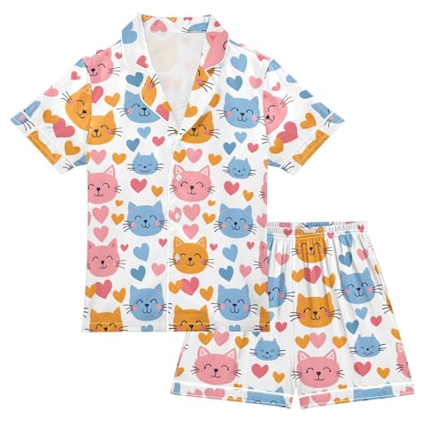 ALAZA Cartoon Cat Love Heart Satin Pajamas Set Short Sleeve Button Down Sleepwear Summer Pjs 2 Piece